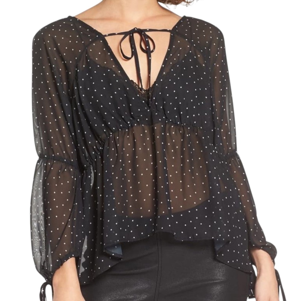For Love & Lemons Truffles Blouse Womens Large Black White Polka‎ Dot Sheer Top